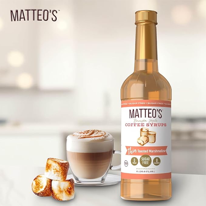 Matteo's Toasted Marshmallow Syrup for Coffee, Lattes, Cappuccinos & Desserts – Sugar-Free Sweetener for Beverages, Keto Friendly, Zero Calories, Indulgent Flavor, Non-Alcoholic, 33.8oz (6pk)