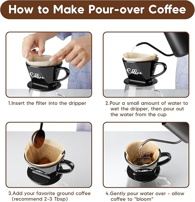 Pour Over Coffee Maker, Ceramic Pour Over Coffee Dripper, Manual Brew Maker, Black Kitchen Decor and Accessories, Single Cup Porcelain Slow Brewing Accessories for Cafe Coffee Bar
