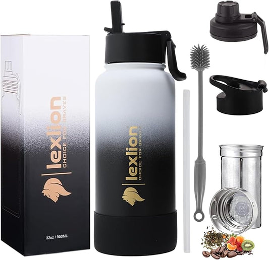 Lexlion Tea Infuser Water Bottle 32 Oz – Triple Wall Insulated Stainless Steel, Loose Leaf & Fruit Strainer, 3 Leakproof Lids, BPA-Free Silicone Sleeve, Reusable Thermal Mug