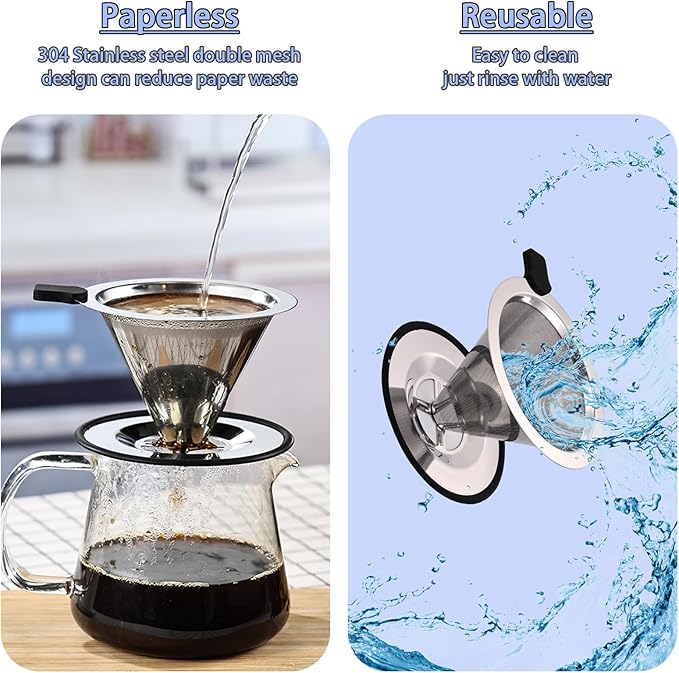 Small Size Pour Over Coffee Dripper, Stainless Steel Metal Cone Drip Coffee Filter, Paperless and Permanently Reusable, Double Mesh Coffee,TeaFilter for 1-2 Cups