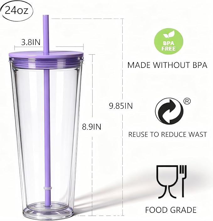 24oz Tumbler with Lid and Straw, Leak Proof and Double Wall Insulated Reusable Plastic Cups,Travel Reusable Iced Coffee Cup (1, Purple)