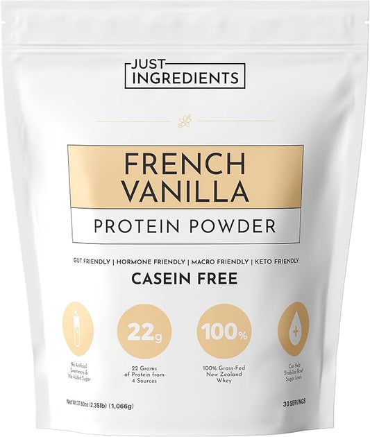 JUST INGREDIENTS French Vanilla Protein Powder – 30 Serving Bag – Grass-Fed Whey & Plant Protein Blend with Real Vanilla Bean – Sweetened with Coconut Sugar & Monk Fruit, Non-GMO, Gluten-Free