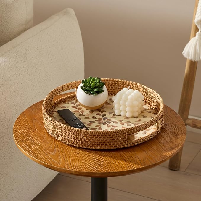 YANGQIHOME Round Rattan Tray with Handle, Mother of Pearl Inlay Decorative Wicker Basket for Coffee, Bread, Fruits, Serving Tray for Home Decor, Pink Clover