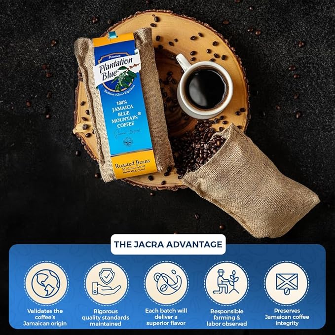 Plantation Blue 100% Blue Mountain Coffee from Jamaica, Medium Roasted Whole Beans (12oz)