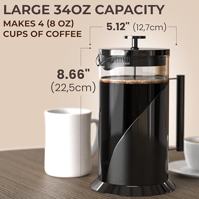 Cafe Du Chateau Stainless Steel French Press Coffee Maker 34 oz - Easy to Use Insulated Coffee Press with 4-Level Filtration, Manual Brewer for Tea, Camping & Travel with BPA Free, Durable Clear Glass