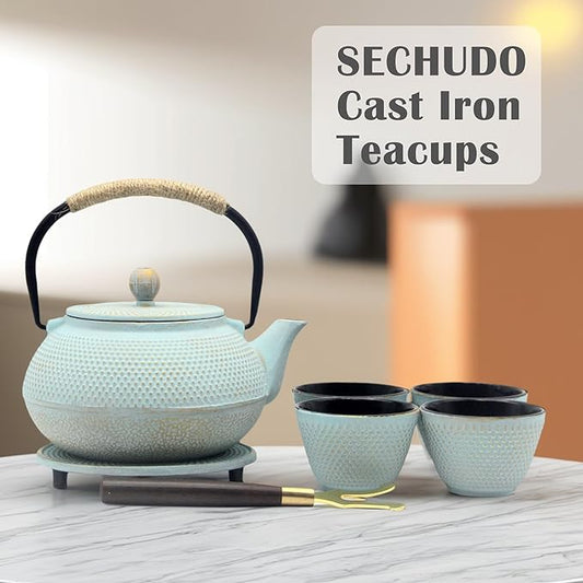 Japanese Cast Iron Tea Cups, Small and Heavy Teacups with no Handles, Japanese Style Cups for Adults, Asian Teacups, Coated with Enameled Interior, 4 Pcs/Box (Lightblue, 3.38oz/100ml)