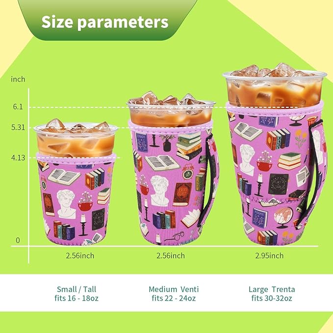 3 Pack Iced Coffee sleeve Insulated Neoprene Cup Sleeves with handle For Cold Drinks Beverages, Reusable Cup Holder for 16oz-32oz Coffee Cups (Book Club)