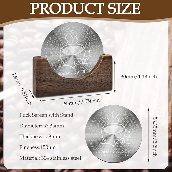 58.35mm Espresso Puck Screen with Stand, 0.9mm 150μm Ultra Thin Reusable Coffee Filter Compatible with Breville Barista 58.5mm Portafilter Basket, 304 Stainless Steel Espresso Machine Accessories