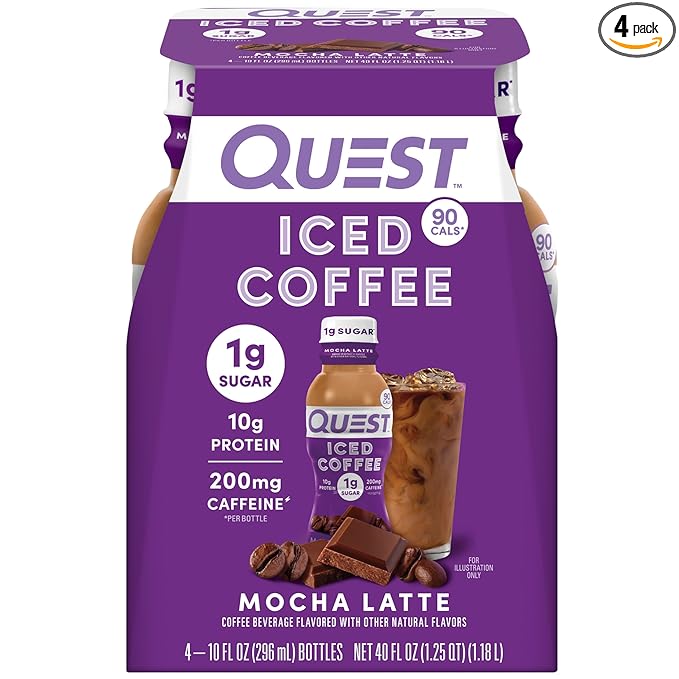Quest Nutrition Iced Coffee, Mocha Latte, 1g of Sugar, 10g of Protein, 90 calories, 200mg of caffeine, 4 Count