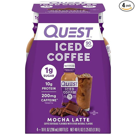 Quest Nutrition Iced Coffee, Mocha Latte, 1g of Sugar, 10g of Protein, 90 calories, 200mg of caffeine, 4 Count