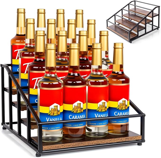 kimilus Coffee Syrup Organizer Rack, Liquor Bottle Display Shelf, 4 Tier 16 Syrup Bottles Holder Stand for Coffee Bar Kitchen Small Wine Rack for Family Storage for Syrup Wine Dressing