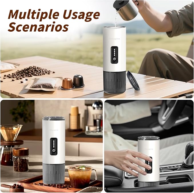 Portable Espresso Maker with Stainless Steel Body | 7500mAh Rechargeable Battery | 20 Bar Self-Heating with USB-C | Works with Most Capsules Compatible for Camping, Travel, Outdoor (White)