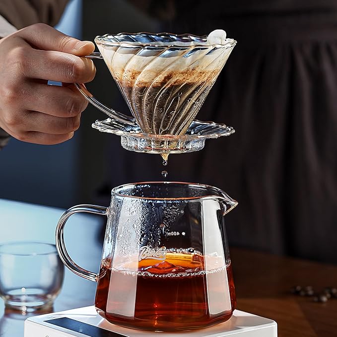 Bincoo Pour Over Coffee Maker Set, V-shape 60° Cone Drip Coffee Maker, Included 16oz Borosilicate Glass Coffee Carafer and Size 02 Coffee Dripper & 50 Pcs Paper Filter (16oz-Clear)