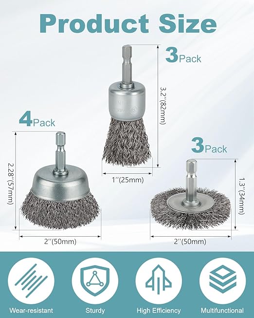 10 Pcs Wire Brush for Drill, Coarse Carbon Steel Crimping Wire Wheel Brush, 1/4 Inch Hex Shank, Wire Cup Brush Drill Bit for Cleaning Rust, Stripping and Abrasive