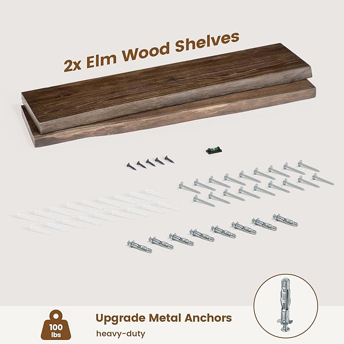 Reclaimed Elm Wood Floating Shelves for Wall, Live Edge 36"W x 9.2"D x 1.4"H, Set of 2 with Invisible Bracket, Wall Mounted Shelves for Living Room Bedroom Kitchen Bathroom Decor, Walnut Finish