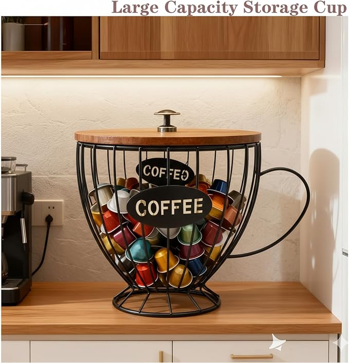 Coffee Pod Holder with Lid -Coffee Creamer Holder Large Capacity Holder for k Holder Organizer for Counter - Coffee Decor Station for Pods, Espresso, Capsules, Creamer, (Black-CC)