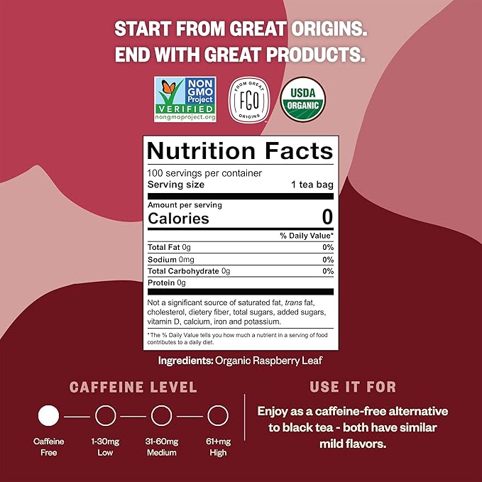 FGO Organic Red Raspberry Leaf Tea Bags, 100 Eco-Conscious Tea Bags, Caffeine Free, Imported from Germany, Reseable Bag, Packaging May Vary (Pack of 1)