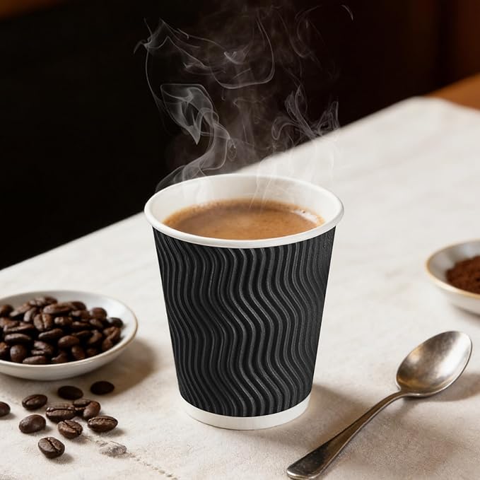 BYSNOW 100 Pack 8 oz Coffee Cups with Lids, Disposable Insulated Hot Cups To Go Paper Coffee Cups, Corrugated Ripple Wall Cup for Hot Drink, Office, Coffee Bar (Black 8 oz)