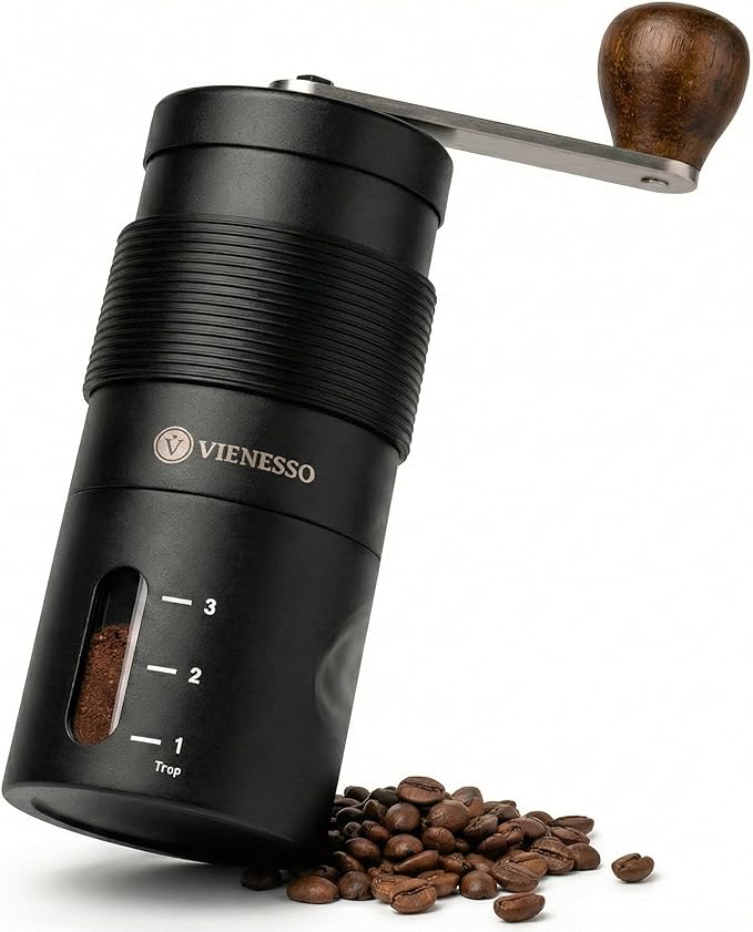 Manual Coffee Grinder with Ceramic Conical Burr - AeroPress Compatible Hand Coffee Mill with Click-Lock Stepless Adjustment - Portable Precision Espresso Grinder for Camping, Home & Travel