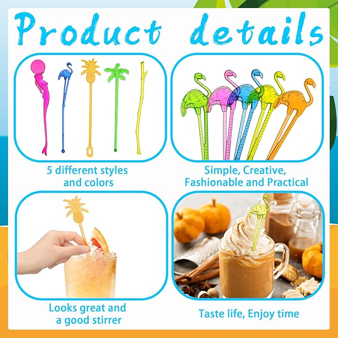 100 Assorted Tropical Swizzle Sticks Bar Cocktail Stirrers Luau Palm Tree Flamingo Fun Reusable Novelty Beverage Cocktail Margarita Tiki Drink Stirring Sticks for Birthday Wedding Party