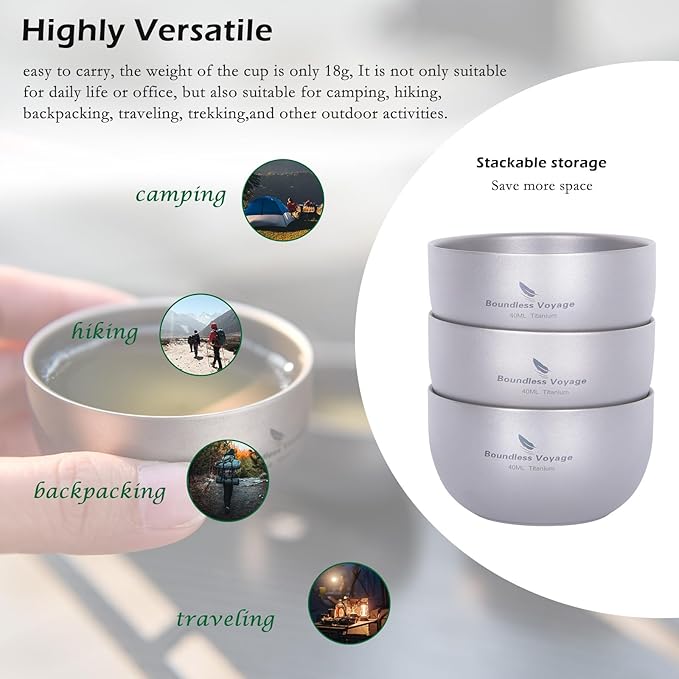 iBasingo Titanium Double Wall Mini Cups Small 40ml Tea Cups for Drinking, Whiskey, Espresso, Coating-Free, Dishwasher Safe Ti3204D (Titanium Color * 3)