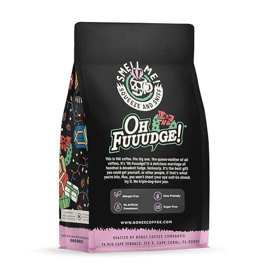 Bones Coffee Company Oh Fuudge, Chocolate Fudge Flavored Coffee, Medium Roast Low Acid Arabica Beans Compatible with Auto drip and French Press Coffee Maker, 12 Oz Whole Bean