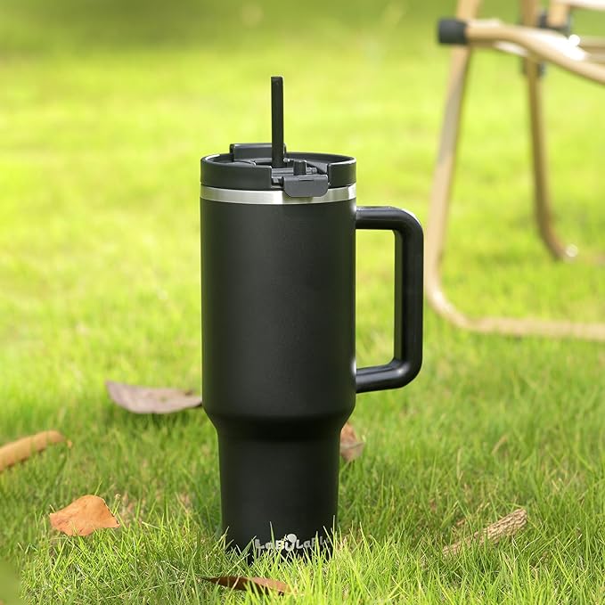 40oz Tumbler with Handle,Double Wall Vacuum Reusable Stainless Steel Insulated Water Bottle,With Leak Proof lid and Straw for Iced or Cold Beverages (Black)