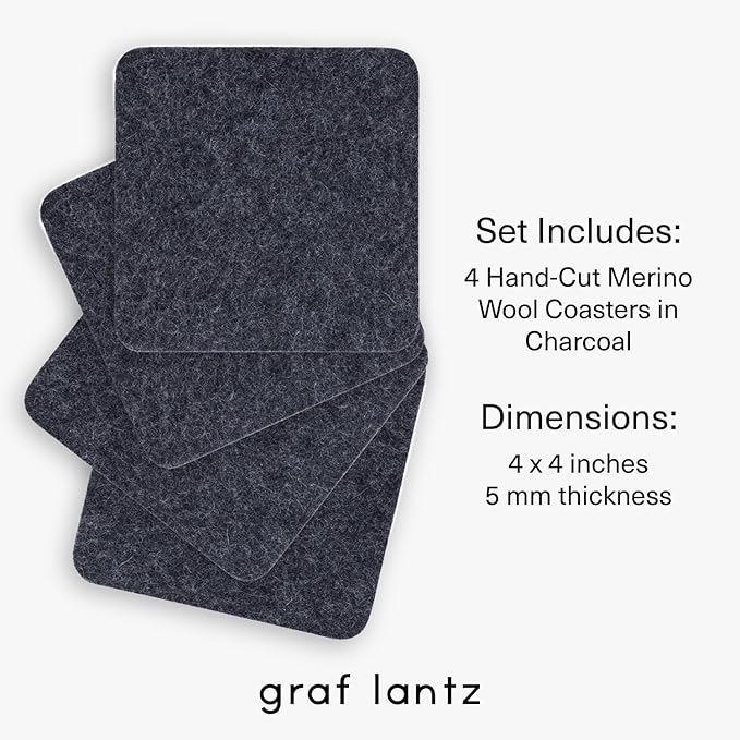 Graf Lantz - Bierfilzl Merino Wool Square Coasters Set of 4 - Charcoal (4"x4"x5mm) - Absorbs 30% of Weight, Natural German Wool - Heat Resistant, Sustainable, Reusable - Home Decor, Coffee Table Decor