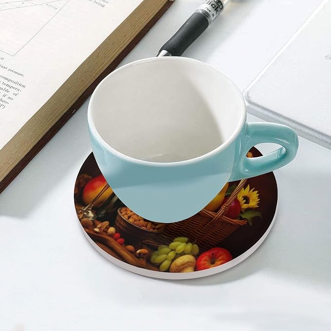 Round-6PCS Red Wine Drink Coasters, Round Modern Ceramic Absorbent Coasters, Retro Red Wine Bottle and Grapes Fruit Basket Pattern Decor Desk Coffee Table Coaster for Beverage Cup Tea Coasters