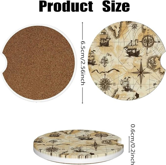 Car Cup Holder Coasters, 2 Pcs Ceramic Coasters with Finger Slot and Cork Back, Anti-Slip Shock Absorbing Women and Men Universal Car Accessories - Sailing