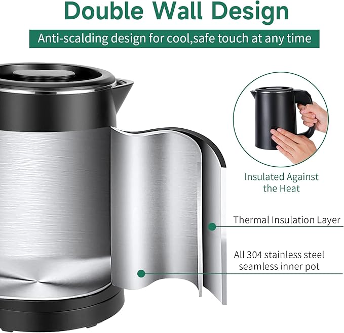 Small Electric Tea Kettle Stainless Steel, 0.8L Portable Mini Hot Water Boiler Heater, Travel Electric Coffee Kettle with Auto Shut-Off & Boil Dry Protection (Black)