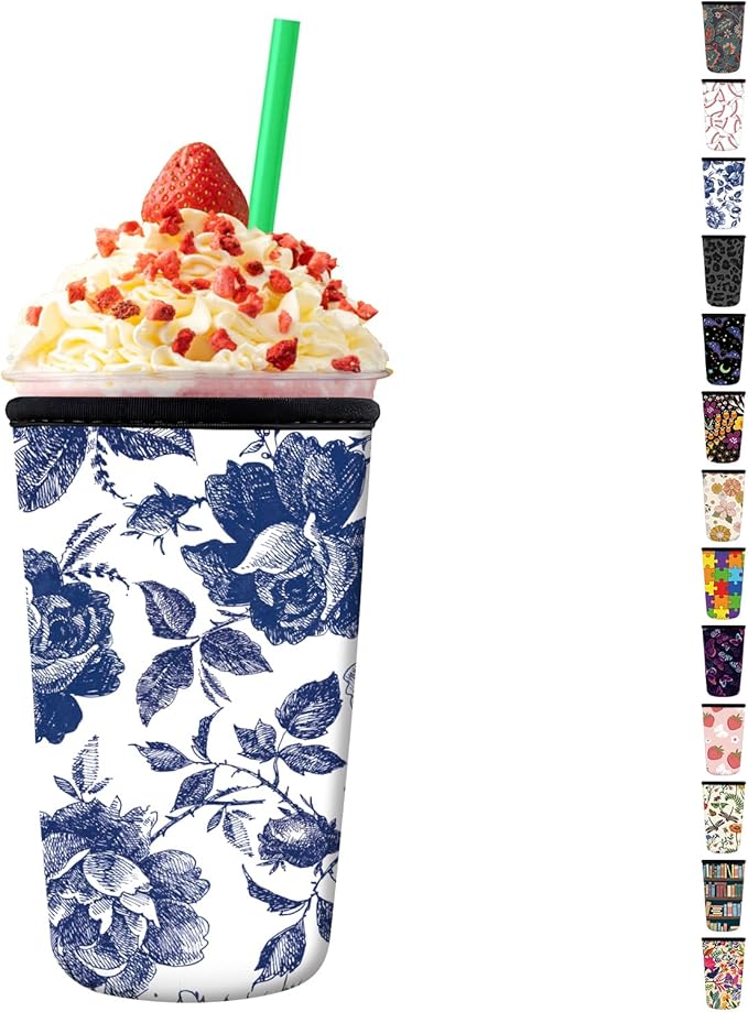 Reusable Neoprene Insulator Sleeve for Iced Coffee Cups, Medium 22-28oz Durable Drink Sleeve for Cold Beverages, Cute Beverage Holder Cup Sleeve for Women Men Cute Blue Floral