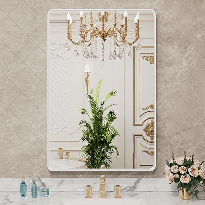 LOAAO 28x36 Inch White Metal Framed Bathroom Mirror for Wall, White Bathroom Vanity Mirror Farmhouse, Large Rounded Rectangle Mirror, Anti-Rust, Hangs Horizontally or Vertically