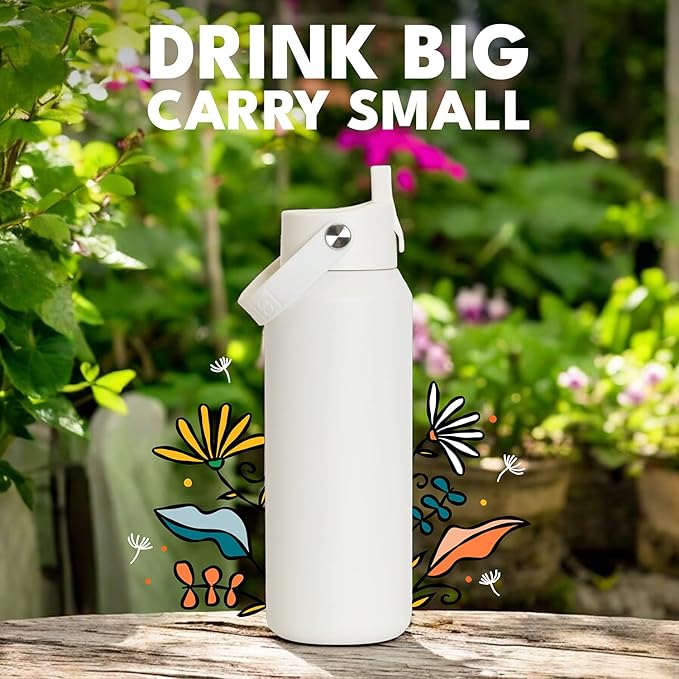 Elemental 40oz Insulated Water Bottle with Straw - 100% Leak-Proof Stainless Steel Core Water Bottles for Travel, Sports and Gym - Double Wall Insulation & BPA Free - White