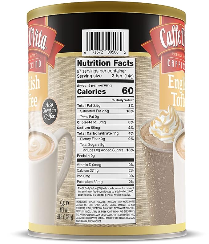 Caffe D'Vita English Toffee Cappuccino Mix - Instant Cappuccino Mix, Gluten Free, No Cholesterol, No Hydrogenated Oils, No Trans Fat, 99% Caffeine Free, Flavored Instant Coffee - 3 Lb Can