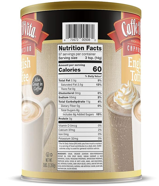 Caffe D'Vita English Toffee Cappuccino Mix - Instant Cappuccino Mix, Gluten Free, No Cholesterol, No Hydrogenated Oils, No Trans Fat, 99% Caffeine Free, Flavored Instant Coffee - 3 Lb Can