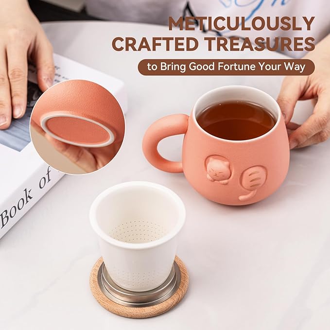 Tea Cup with Infuser and Lid 14oz - Pink Ceramic Cat Mug with Wood Lid, Cute Loose Leaf Tea Set, Anniversary Birthday Gift for Women Cat Lovers