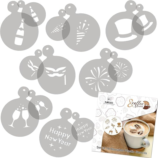 NAKLEO Coffee Stencils and Cookies Decoration 14Pcs 2.8”x2.8” and 4.3”x4.3”, Reusable Plastic Baking Templates, New Years Eve, Barista DIY Art Craft, Capuccino Latte Chocolate Cake Biscuit