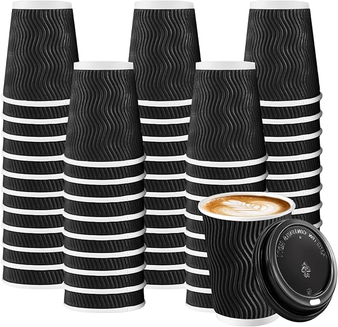 BYSNOW 100 Pack 8 oz Coffee Cups with Lids, Disposable Insulated Hot Cups To Go Paper Coffee Cups, Corrugated Ripple Wall Cup for Hot Drink, Office, Coffee Bar (Black 8 oz)