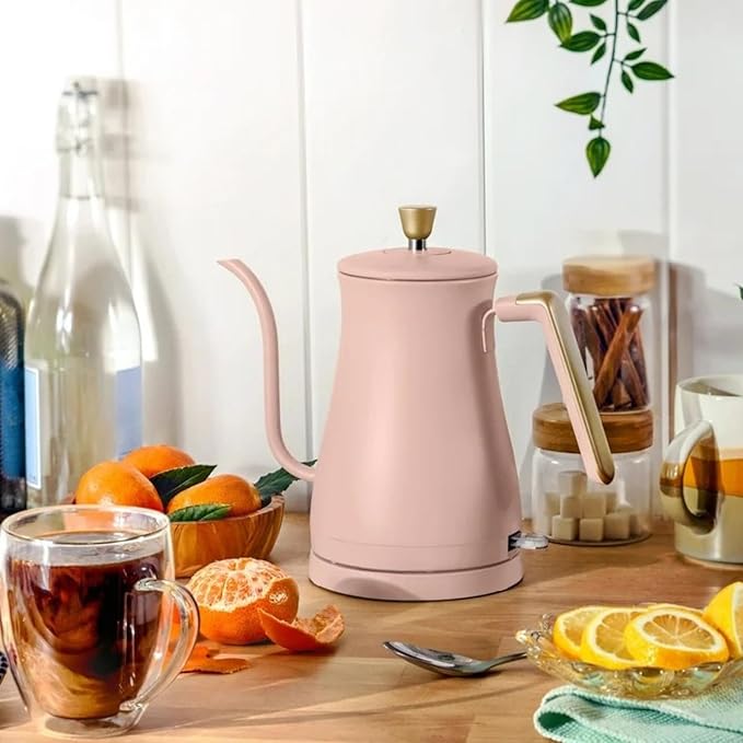 Electric Gooseneck Kettle 1 Liter 1200W, Stainless Steel, Pour Over Coffee Tea, Auto Shut-Off, 360° Cordless Power Base (Rose)