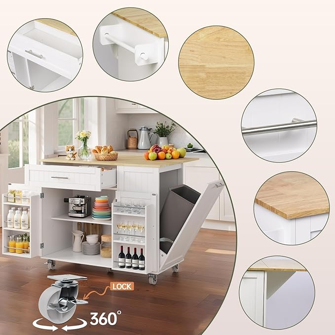 Kitchen Island with Storage, 43.3" Island Table for Kitchen with Widen Drop Leaf Rubberwood Top, Trash Can Storage and Towel Bar, Rolling Kitchen Island Cart on Wheels for Indoor Outdoor, White