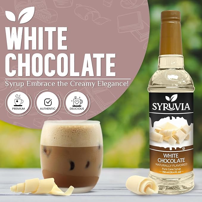 Syruvia Coffee Syrup, White Chocolate Flavored Syrup for Drinks, Lattes, and Desserts – 25.4 fl oz, With Pump