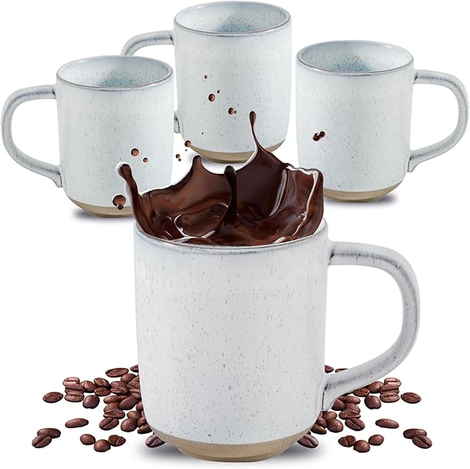 HASENSE Coffee Cups Ceramic 12 OZ with Hanldes, Coffee Mugs Set of 4 for Tea, Cocoa, Milk, Latte and Cappuccino, Porcelain Coffee Cups with Speckled Patterns for Man Woman, Bluish White