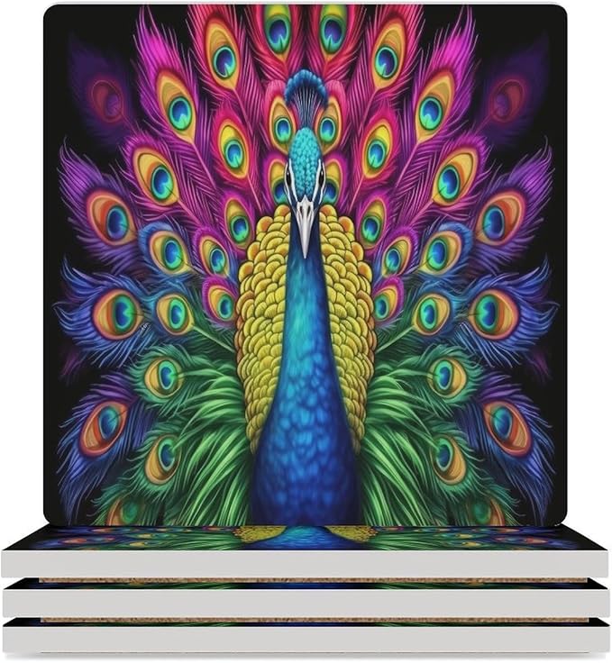 Peacock Drink Coasters, Square Ceramic Drink Coaster Square-4PCS, Vintage Country Beautiful Colorful Peacock Decor Absorbent Ceramic Coasters for Beverage Cup, Bar, Coffee Table