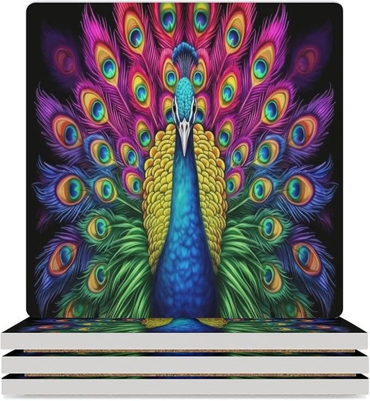 Peacock Drink Coasters, Square Ceramic Drink Coaster Square-4PCS, Vintage Country Beautiful Colorful Peacock Decor Absorbent Ceramic Coasters for Beverage Cup, Bar, Coffee Table