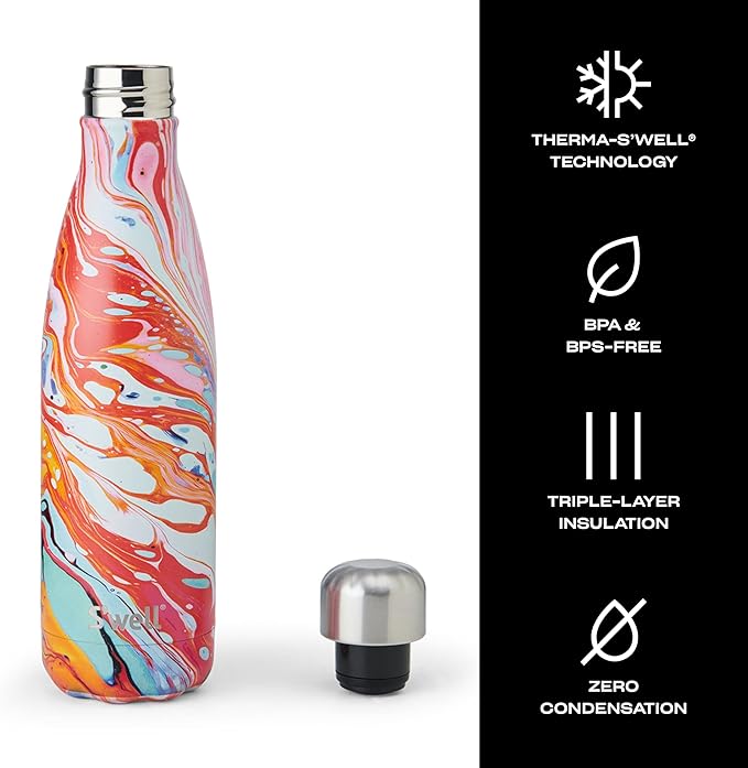 S'well Stainless Steel Water Bottle, 17oz, Marble Swirl, Triple Layered Vacuum Insulated Containers Keeps Drinks Cold for 36 Hours and Hot for 18, BPA Free, Perfect for On the Go