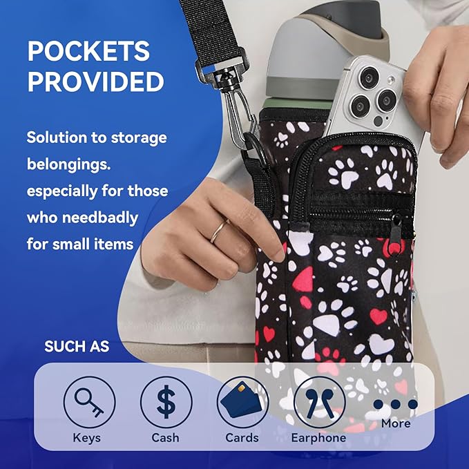 Neoprene Water Bottle Holder Bag with Cell Phone Pocket Compatible with Owala FreeSip 24 oz，Water Bottle Carrying Bag ，with Adjustable Shoulder Strap,for 24oz Stainless Steel Water Bottle
