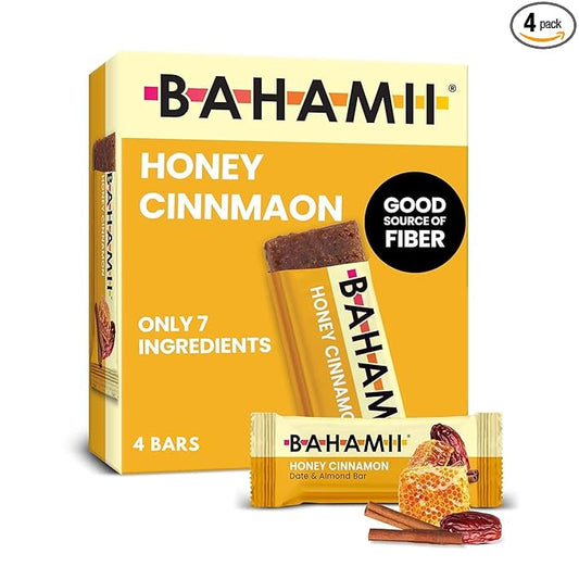 Bahamii Snack Bars, Made with Dates & Nuts, Healthy Snacks, Gluten Free, Good Source of Fiber, Only 7 Ingredients, For Kids & Adults, No Artificial Sweeteners, Dairy Free, 4 Pack, Honey Cinnamon