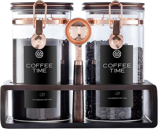 Glass Coffee Canister Set, 2-Piece Coffee Container for Bean Storage, Sealing, Coffee Bar Accessories, Shelf for Kitchen Organization (Acacia wood quality, 1)