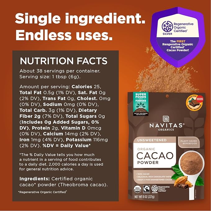 Navitas Organics Cacao Powder - Cocoa Powder Substitute 1:1, For Hot Chocolate, Baking & More - Regenerative Organic Certified, Non GMO, Fairtrade, Gluten Free, Non-alkalized (8oz. Bag, 38 Servings)